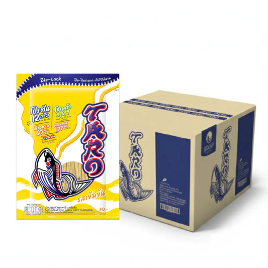 Spicy flavored fish snack by TARO in a 50g pack, showing crispy fish pieces with spicy seasoning, 24 packs in total.