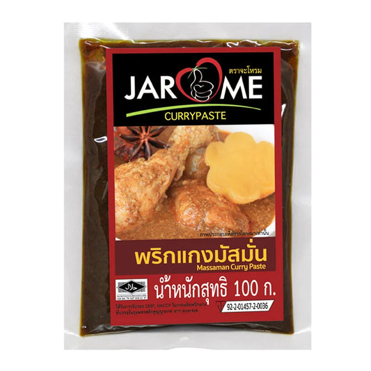 JAROME Massaman Curry Paste 100g jar with a close-up of the spicy, aromatic Thai curry paste in a glass jar.