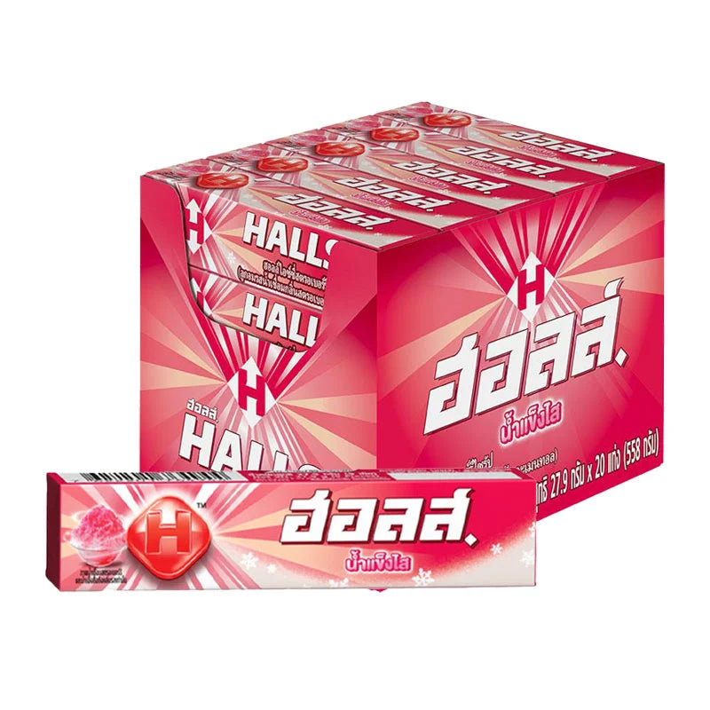 HALLS Icy Strawberry syrup sticks, 9-pack with 20 sticks, showing the colorful frozen dessert sticks in a clear container.