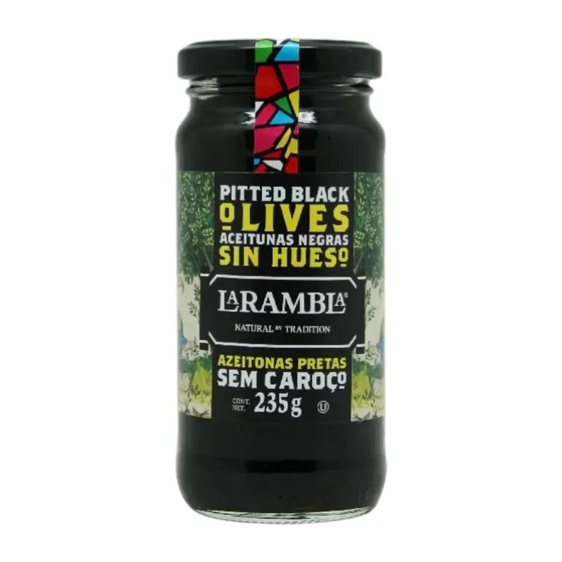 La Rambla pitted black olives in 235g jar, close-up view showing glossy, dark olives ready for cooking or snacking