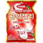 Yogee Lychee Flavour Konjac Jelly, a colorful confectionery snack with lychee flavor and chewy texture in clear packaging.
