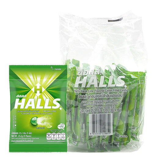 HALLS Lime throat lozenges in a box of 9 packs, showing lime-flavored cough drops with green packaging and individual wrappers.