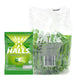 HALLS Lime throat lozenges in a box of 9 packs, showing lime-flavored cough drops with green packaging and individual wrappers.