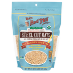 Steel cut oats from Bob's Red Mill in a clear grocery bag with oats visible inside.