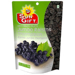Sun Gift Jumbo Thompson Raisins in a clear container, showcasing plump, golden dried grapes perfect for snacking or baking.