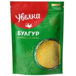 Uvelka Bulgur Wheat in a grocery package, showing the product label and bulgur grains visible inside.