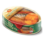 Canned Roza Saba in tomato sauce, a grocery product with a colorful label and metal can packaging.
