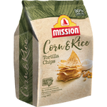 Mission Corn & Rice Chips, crunchy confectionery snacks with corn and rice, shown in a colorful package.
