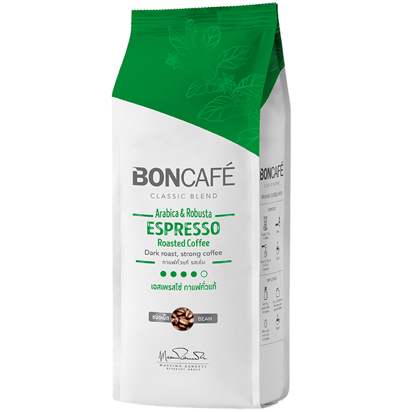 Boncafe Espresso Coffee Beans in a clear jar, showcasing shiny, roasted coffee beans for brewing rich espresso drinks.