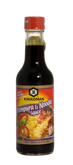 Kikkoman Tempura & Noodle Sauce bottle with label, showcasing the Japanese condiment ideal for tempura and noodle dishes.