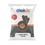 Chuk-De Black Cumin in a grocery package, close-up view showing the black seeds in a clear container