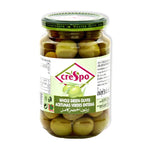 Crespo green olives in brine, 354g jar, fresh and plump green olives in a clear glass jar for dry grocery shopping.