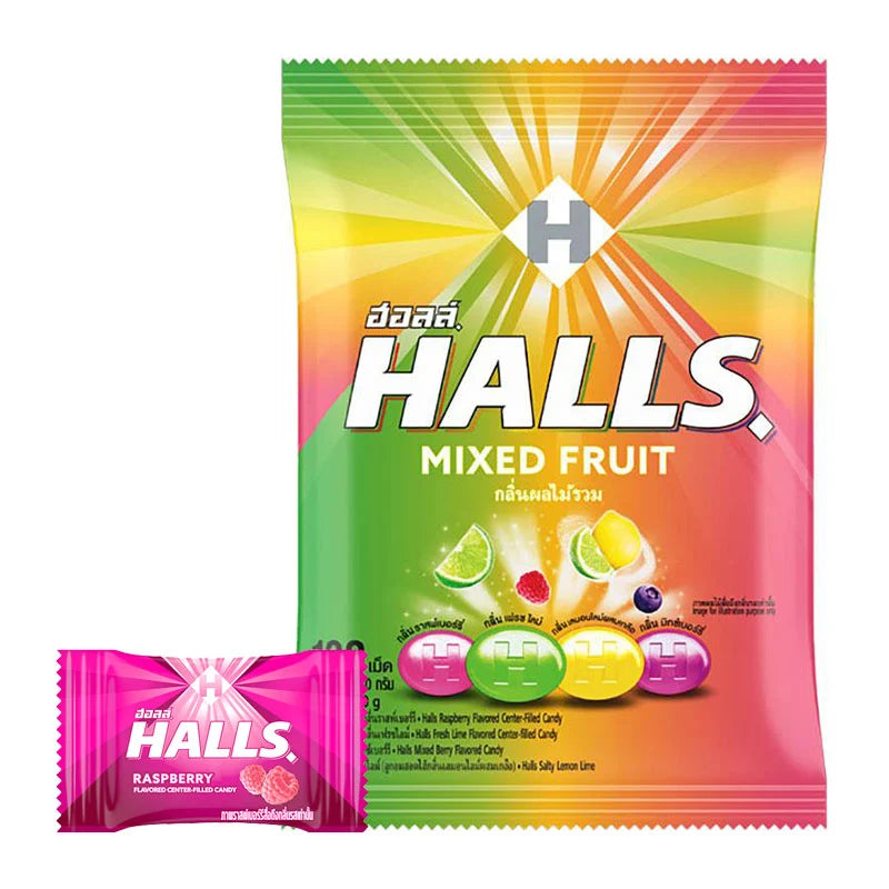 HALLS Mixed Fruit candies in a bag, 100-piece pack showing colorful assorted fruit-flavored lozenges.