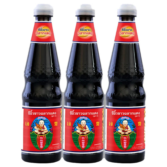 DEK SOM BOON Red Label Soy Sauce 700 ml bottles in a 3-pack, showing dark soy sauce bottles with red labels and white caps.