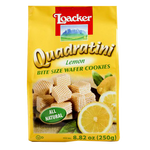 Loacker Quadratini Lemon confectionery snacks with lemon-flavored wafer cookies stacked in a clear container.