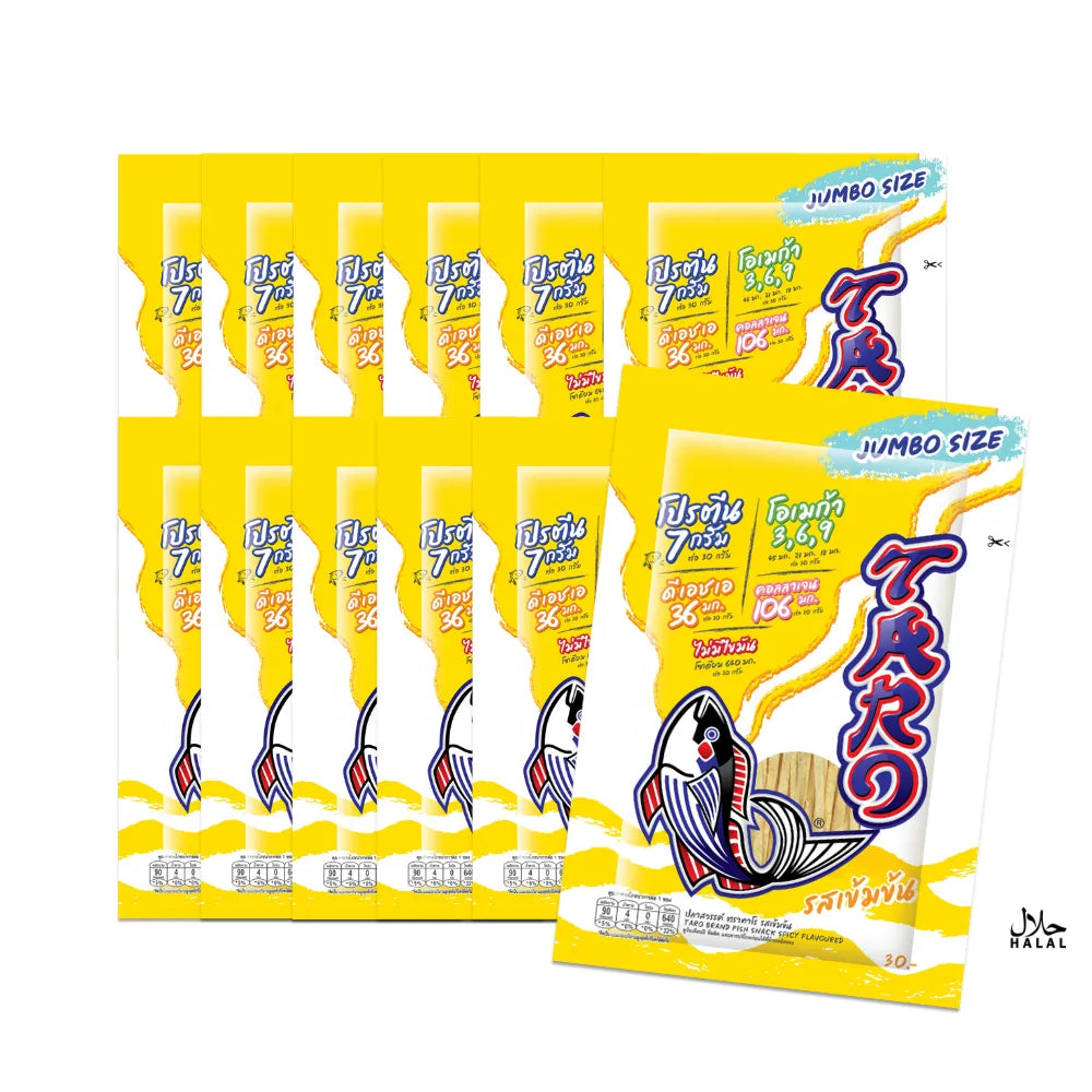 Spicy TARO Fish Snack in 30g pack, showing crispy fish pieces with spicy seasoning, ideal for snacking.