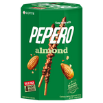 Lotte Pepero Almond confectionery snacks featuring chocolate-coated biscuit sticks with almond pieces for a crunchy treat.