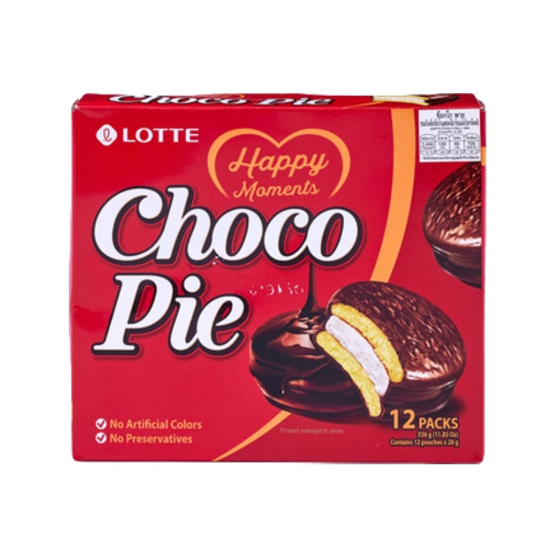 Assorted CHOCO PIE chocolate pies in packaging, 12-piece box, featuring individually wrapped chocolate-filled snack treats.