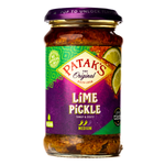 Jar of Patak's Lime Pickle with vibrant green lime pieces and spicy seasoning visible inside the glass jar.