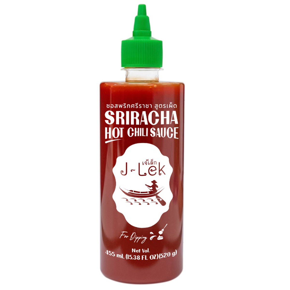 J-Lek Sriracha Hot Chili Sauce bottle with red sauce and label, ideal for adding spicy flavor to dishes.