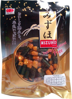 Mizuho rice cracker from Mizuho confectionery snacks in a clear package with crunchy, golden-brown rice cracker pieces inside.