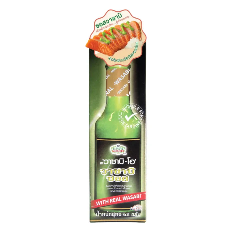 A 62g jar of Wasabi-O Wasabi Sauce featuring vibrant green wasabi paste in a clear glass jar with a white lid.