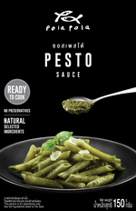 Jar of Pola Pola Pesto Sauce with basil and garlic, ready for pasta or sandwiches, in a grocery product image.
