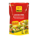 Jolca Pepper Paste Stuffed Manzanilla Olives in 190g jar, dry grocery product showcasing olives filled with spicy pepper paste