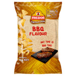 Mission BBQ tortilla chips, crispy confectionery snack with seasoned corn chips, shown in a close-up image.
