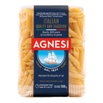 Agnesi Pennette Rigate No.87 pasta in a 500g dry grocery package, showcasing short, tube-shaped pasta from the Italian brand Agnesi