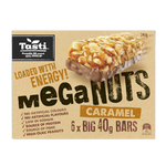 Tasti Mega Nuts Caramel Bar showing a chocolate-covered snack with nuts and caramel inside, on a white background.