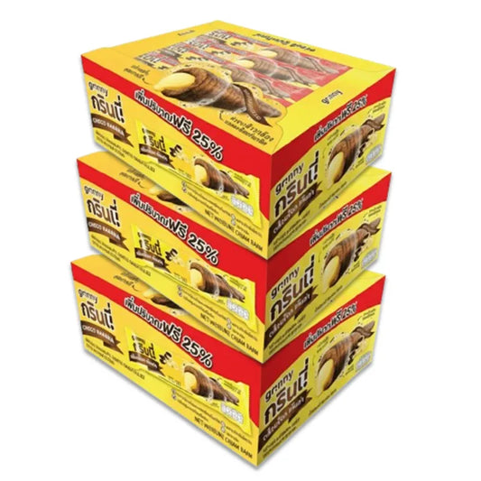 Box of 12 GRINNY chocolate-coated banana cream-filled snacks, 15g each, shown in a 3-pack for convenient snacking.
