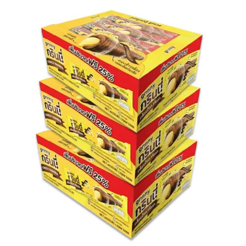 GRINNY CHOCOLATE COATED SNACK FILLED WITH BANANA CREAM . (BOX