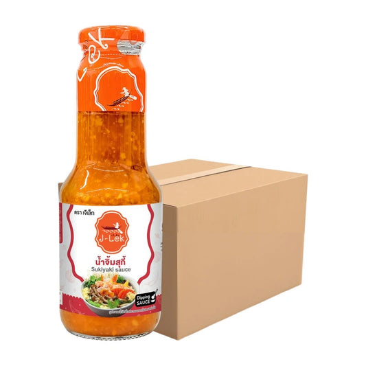 Six bottles of J-LEK Sukiyaki Dipping Sauce in 350g glass bottles, shown with labels and sauce inside.