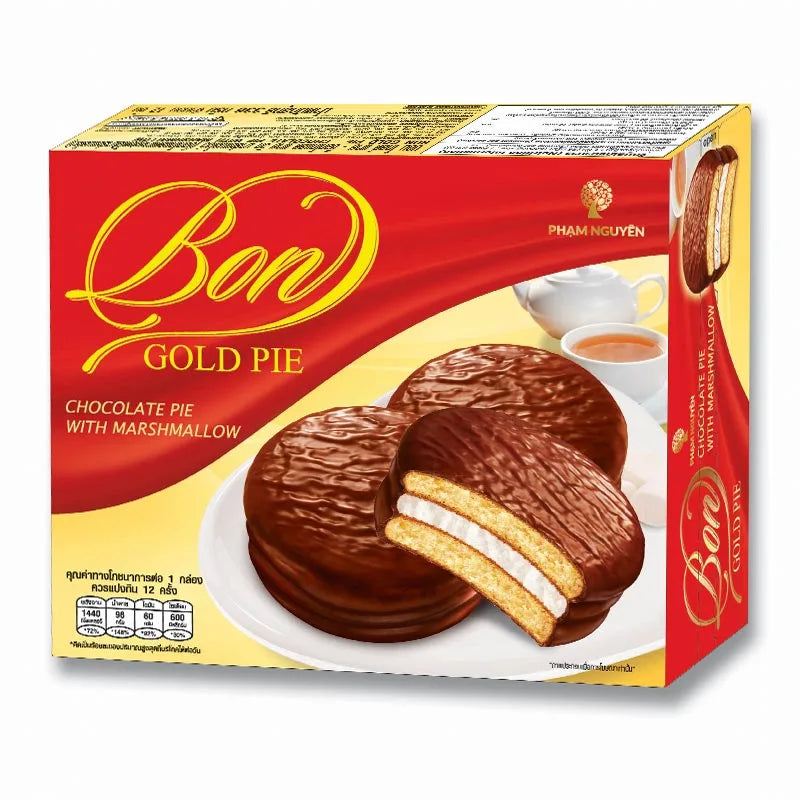 Bon Gold Pie Chocolate Pie with Marshmallow, 28g, showing a crispy snack filled with chocolate and topped with marshmallow.