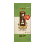 Sempio Wheat Noodles Soft & Thin 500g package, dry grocery product with light, thin wheat noodles on a white background.