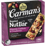 Carman's Almond Cashew and Cranberry Bars, healthy snack bars with nuts and dried fruit, on a white background.