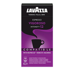 A cup of Lavazza Espresso Intenso coffee drink served in a clear glass, showcasing its dark, rich color and smooth texture.