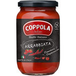 Coppola Arrabbiata Sauce jar, a spicy Italian pasta sauce with red peppers and tomatoes, displayed on a kitchen countertop.
