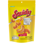 Coated cashew nuts from Squidy confectionery snacks, showcasing glossy, crunchy cashews with colorful sugar coating.