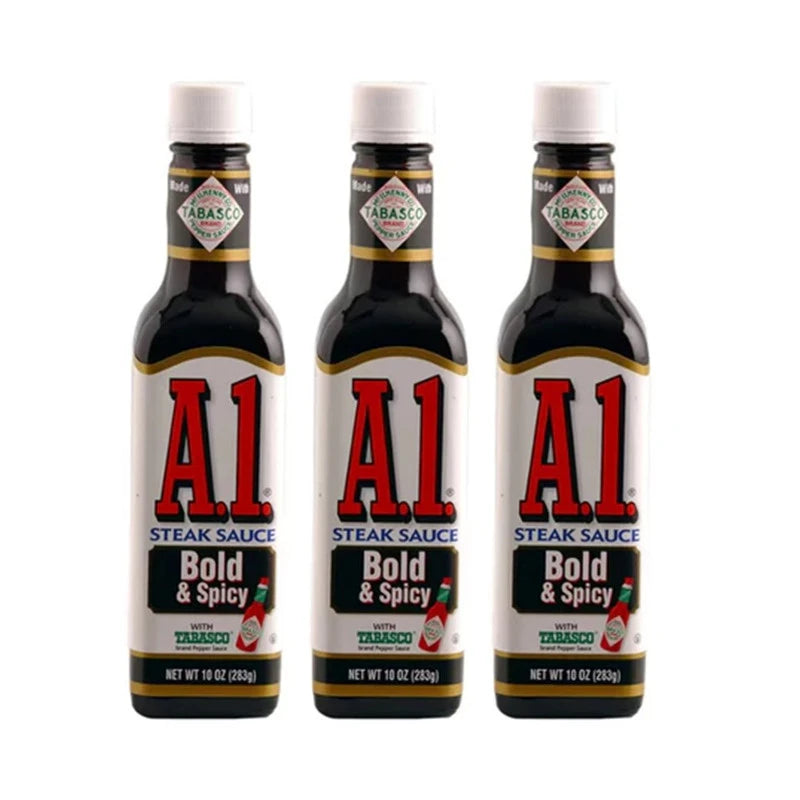 Three bottles of Kraft Heinz A.1. Steak Sauce with tomato puree, raisin paste, and orange puree, 142g each.