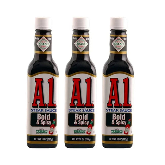 Three bottles of Kraft Heinz A.1. Steak Sauce with tomato puree, raisin paste, and orange puree, 142g each.