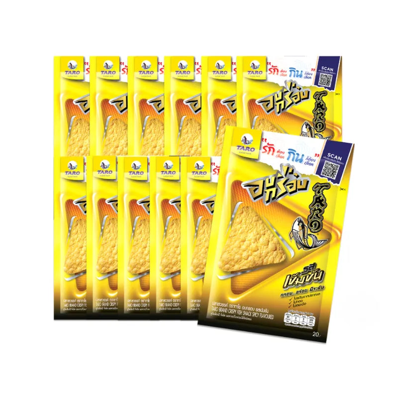 Spicy flavored Taro Crispy Fish Snack in 18g packs, showing crispy fish pieces with spicy seasoning, branded by TARO.