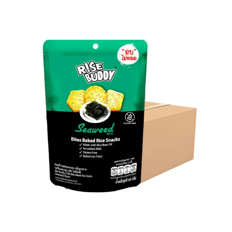 RISE BUDDY Crispy Rice Snack with Seaweed flavor in a 24-pack, Halal-certified healthy snack with rice and seaweed toppings.