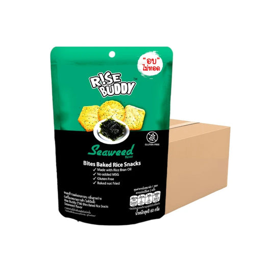 RISE BUDDY Crispy Rice Snack with Seaweed flavor in a 24-pack, Halal-certified healthy snack with rice and seaweed toppings.