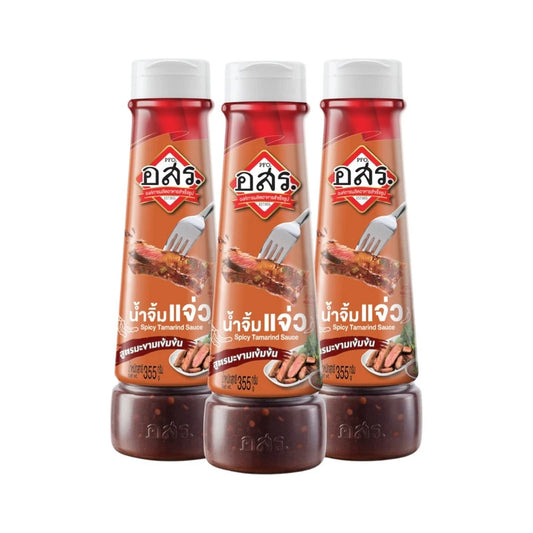 Aor Sor Ror Tamarind Dipping Sauce bottles, 355g each, with fragrant roasted rice aroma, shown in a set of three.