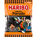 Colorful Haribo Parade Jelly confectionery snacks in vibrant packaging, showcasing a variety of gummy candies from the Haribo brand.