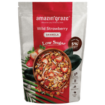 Amazin'Graze Strawberry Granola in a clear bowl, showing crunchy granola clusters with fresh strawberry pieces on top.