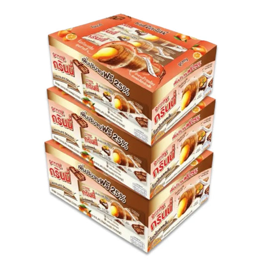 Box of 12 GRINNY chocolate-coated snacks filled with orange cream, 15g each, arranged in three packs.