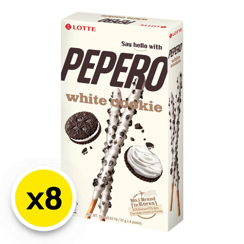 LOTTE Pepero White Cookie biscuit sticks in a large box, showing the crispy white cookie coating and stacked biscuit sticks.